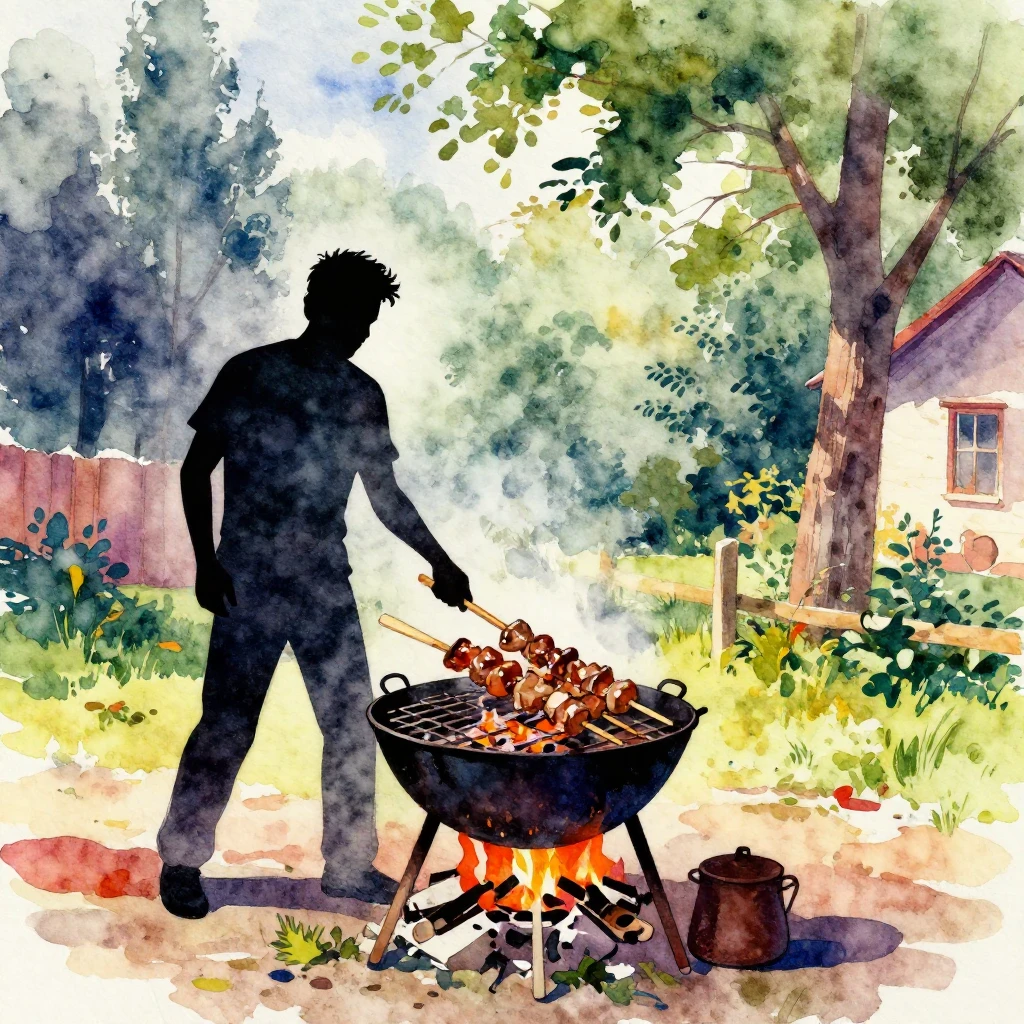 Vibrant watercolor style image of a silhouette of a man gril...