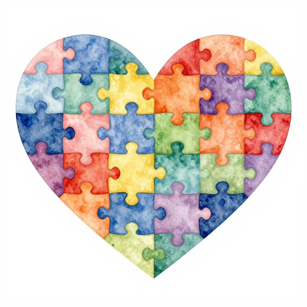 Watercolor style illustration of diverse colorful puzzle pie...