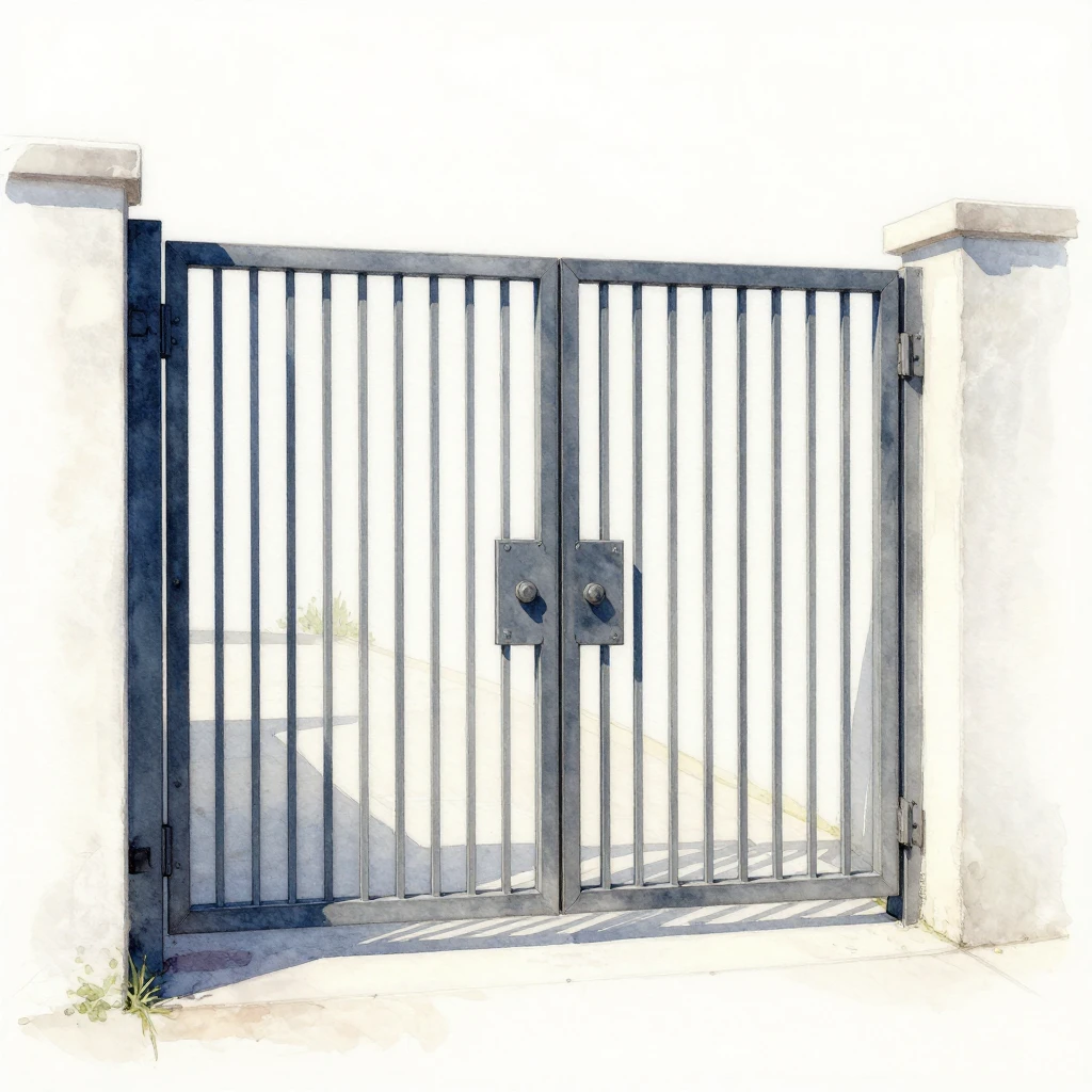 Watercolor sketch of modern steel gate, minimalist design, c...