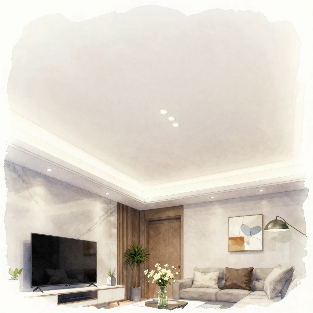 An artistic watercolor illustration of a modern living room ...