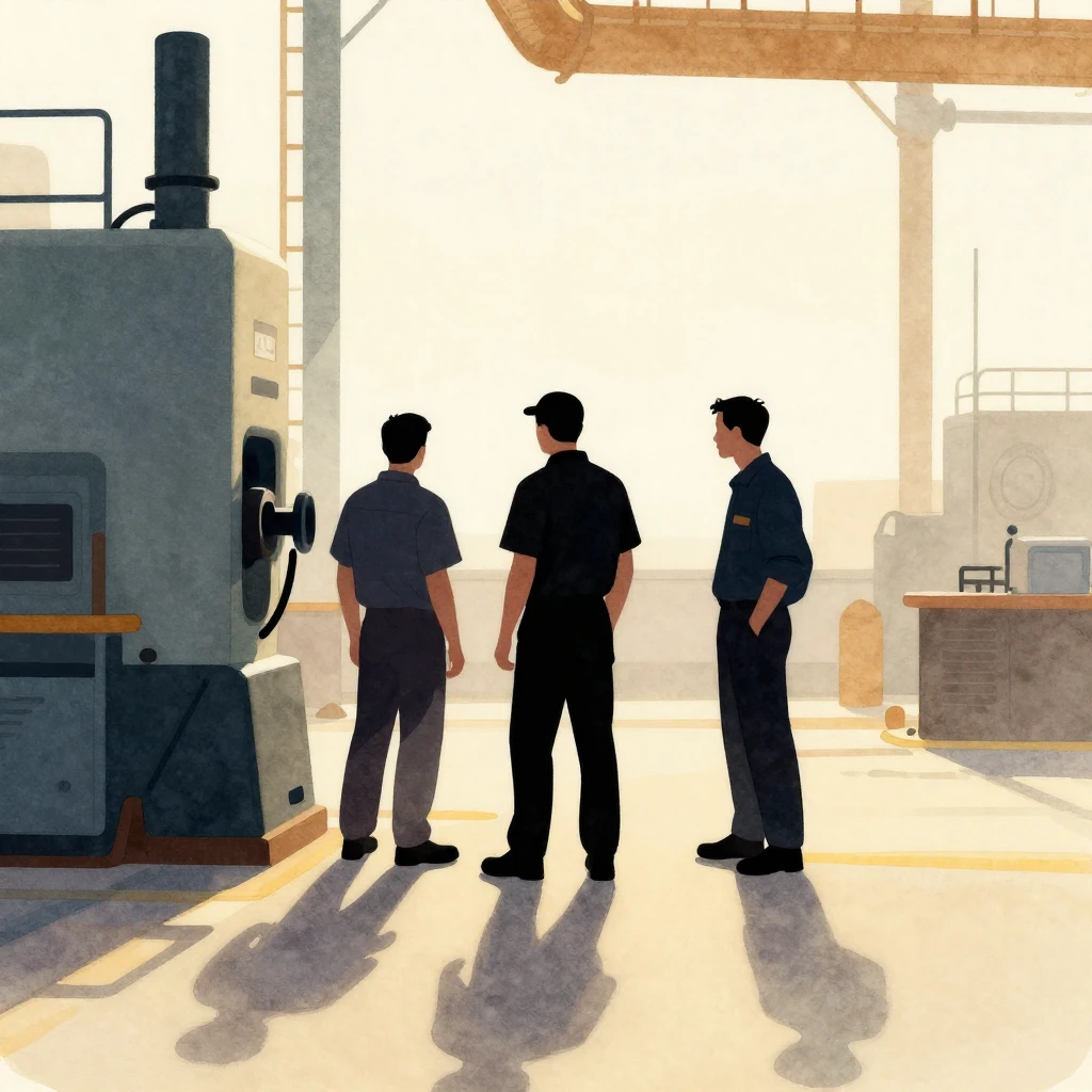 Silhouettes of three men in work attire, focused on a large ...