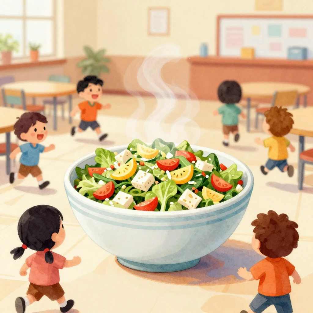 A vibrant, cartoonish school cafeteria scene in watercolor s...