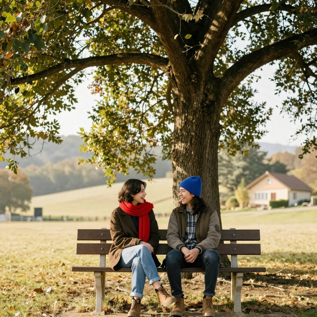 Two friends, one with a bright red scarf and the other with ...