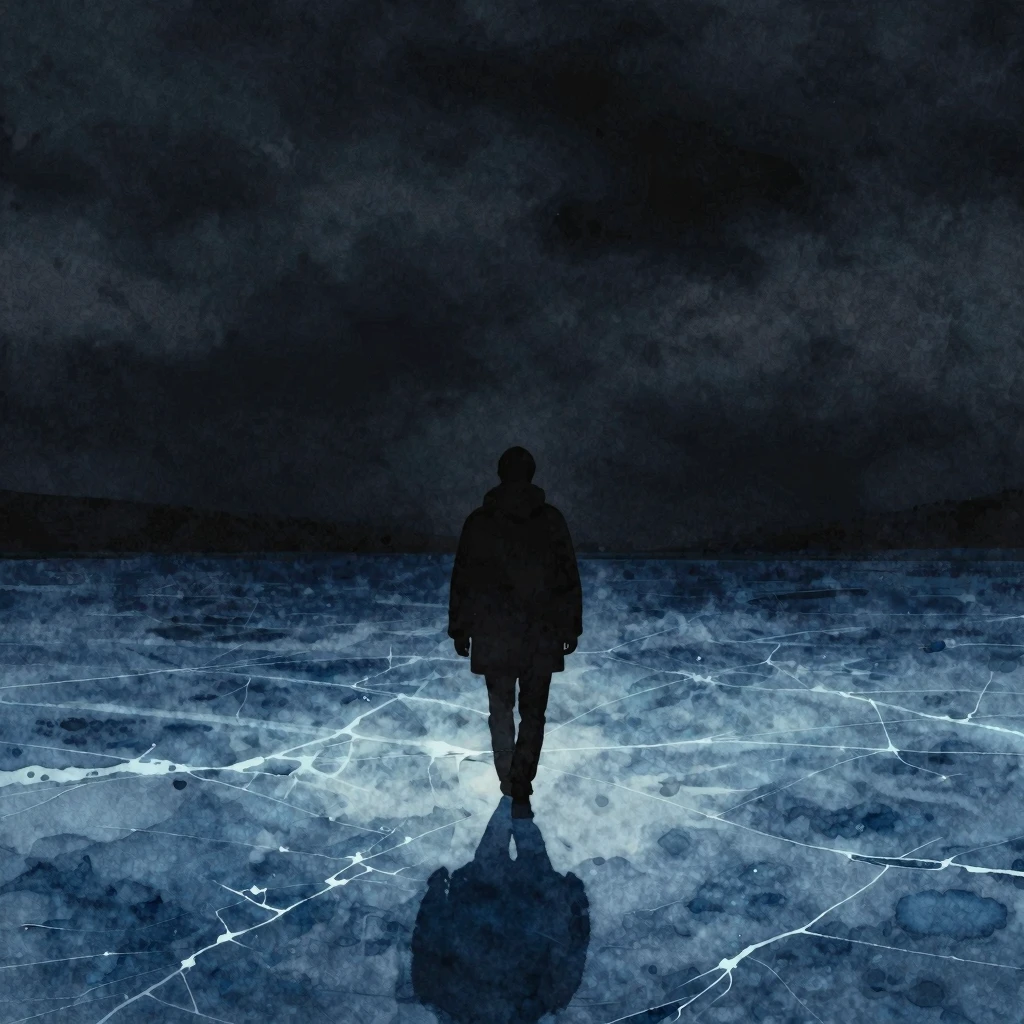 Watercolor style. A dark, atmospheric silhouette of a single...
