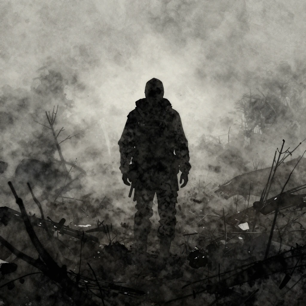 A lone silhouette of a survivor (stalker) in a desolate, fog...