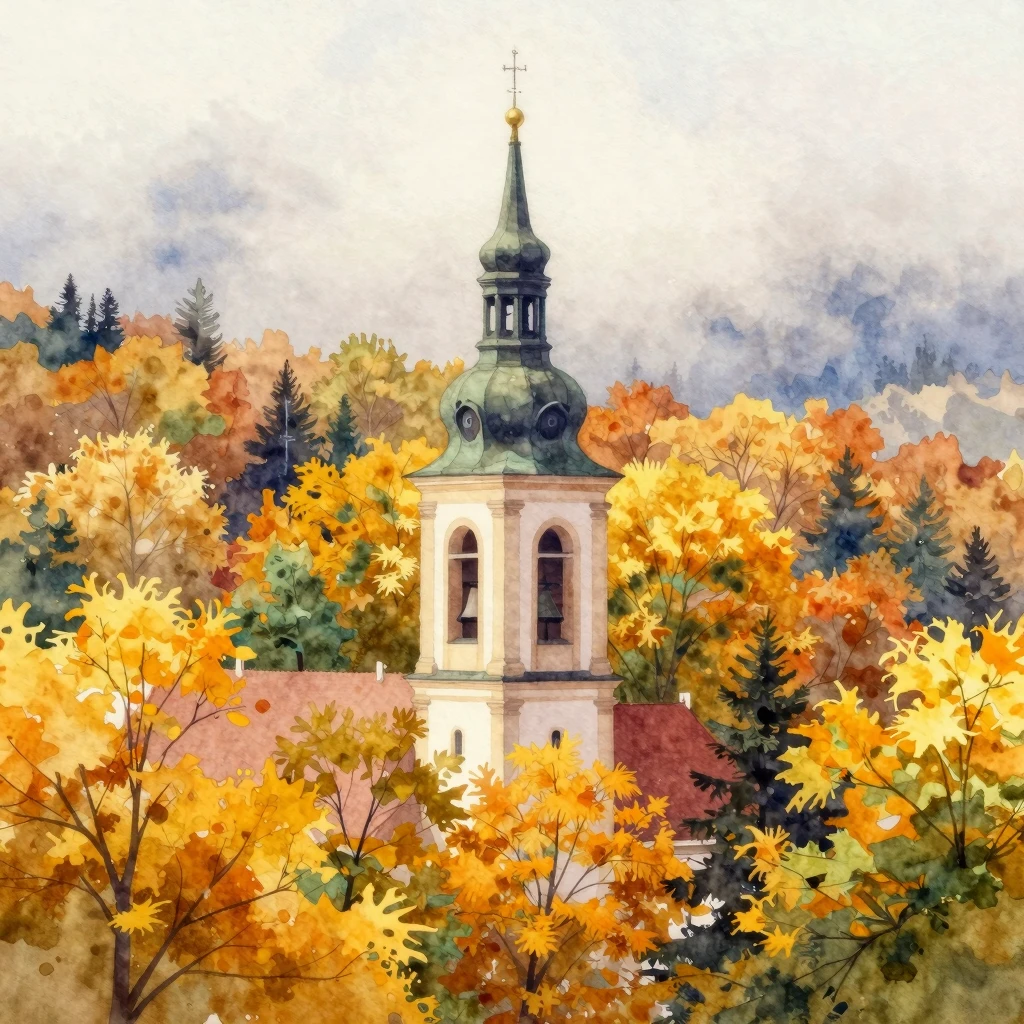 Vibrant watercolor painting of a church bell tower in the di...