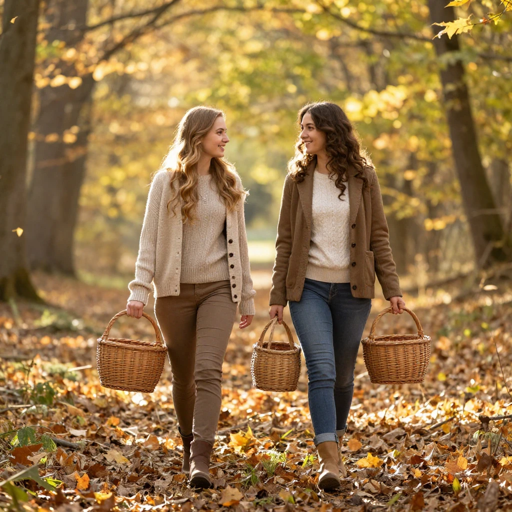 Two women walking together in a sunlit forest, carrying bask...