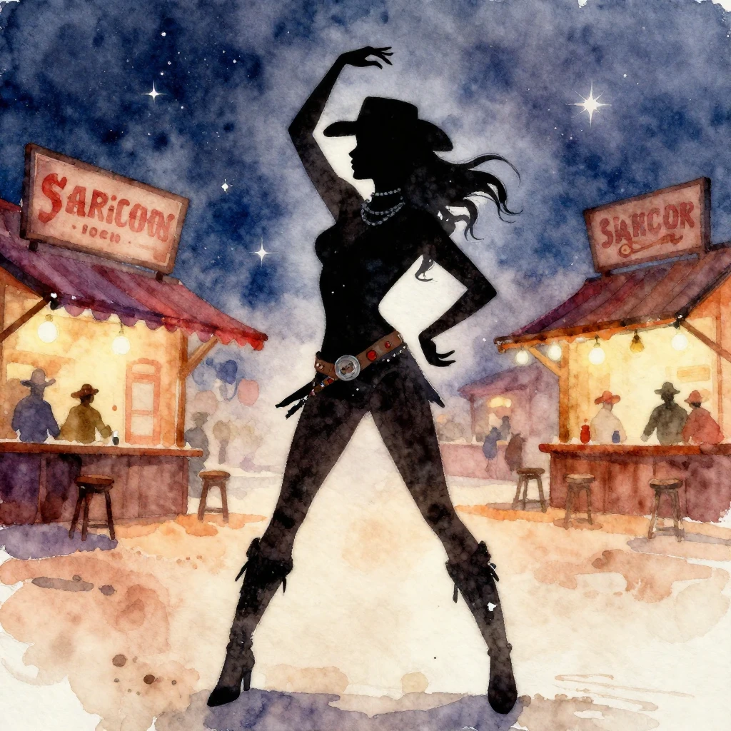 A vibrant watercolor painting depicting a sassy saloon singe...