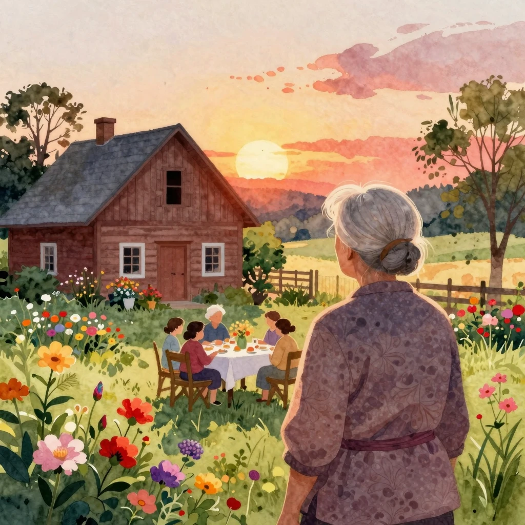 Vibrant watercolor illustration of a cozy farmhouse scene at...