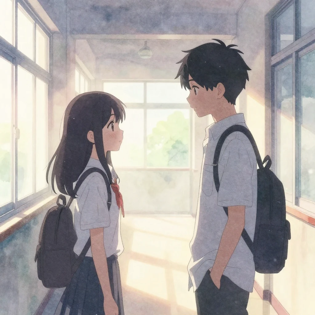 Watercolor anime style illustration of a silhouette of a boy...