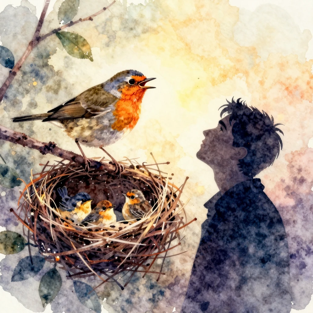 Vibrant watercolor style. A nightingale singing on a branch,...