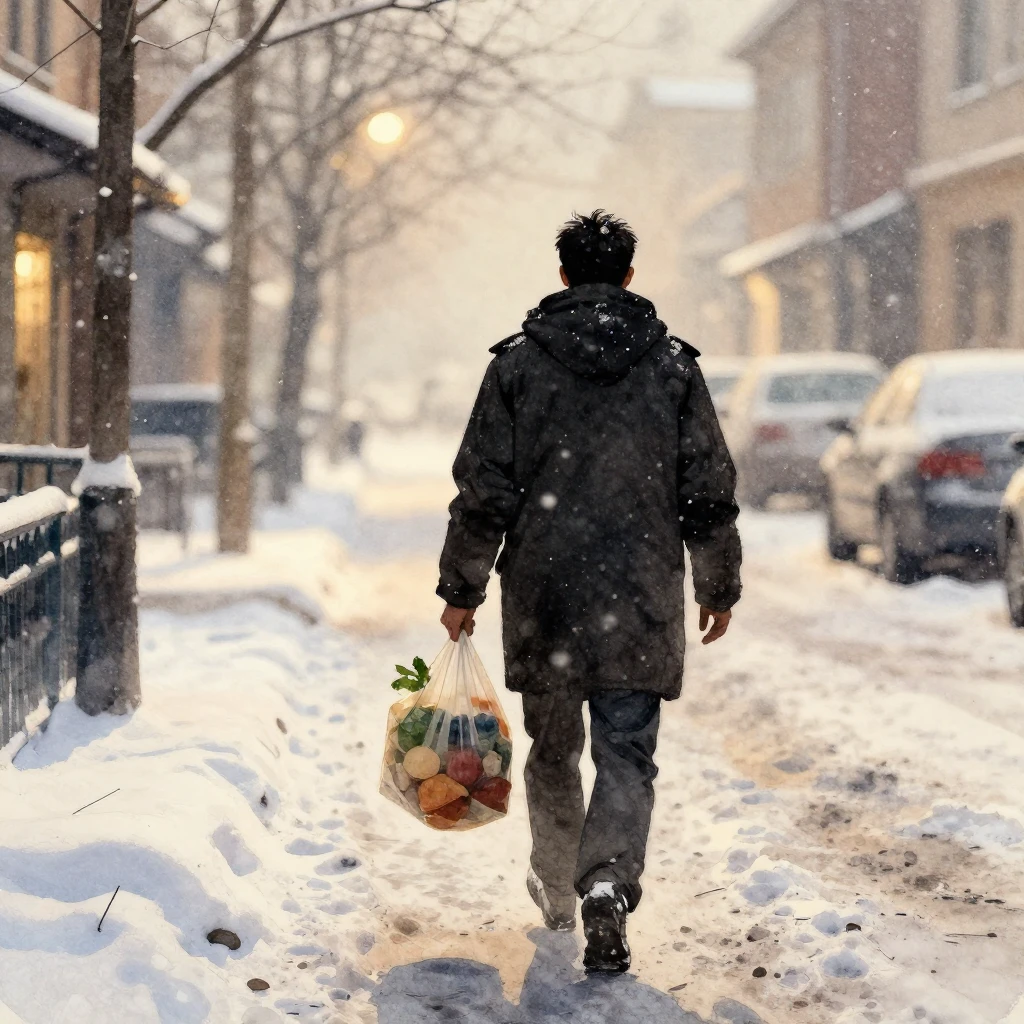 A silhouette of a man walking through a snowy, windy street ...