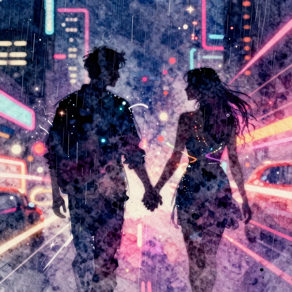 Vibrant watercolor style. Neon city night, two silhouettes h...