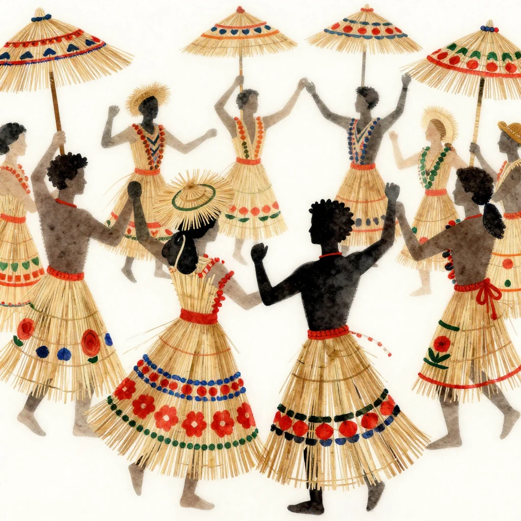 Close-up of intricate straw costumes with vibrant folk patte...