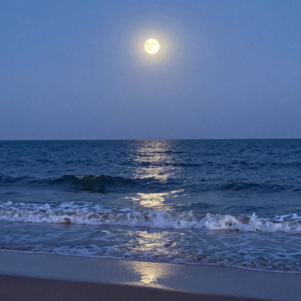 A melancholic moonlit seascape at dawn. The moon is a pale c...