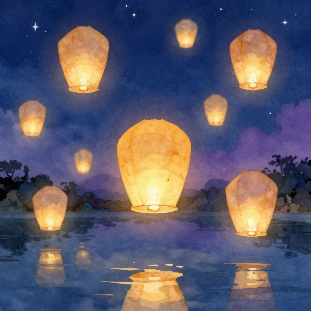 A whimsical watercolor illustration of multiple glowing pape...
