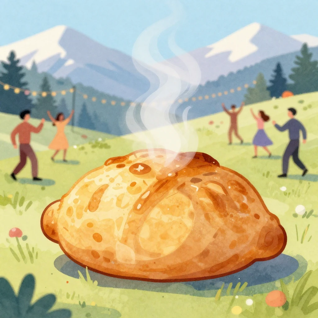 A stylized, golden-brown cheburek, radiating warmth and stea...