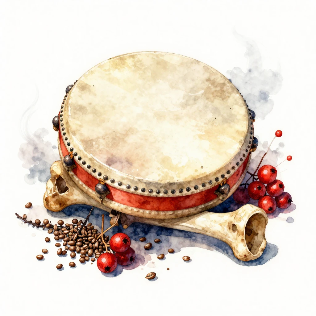 A vibrant watercolor painting of a shamanic drum resting on ...