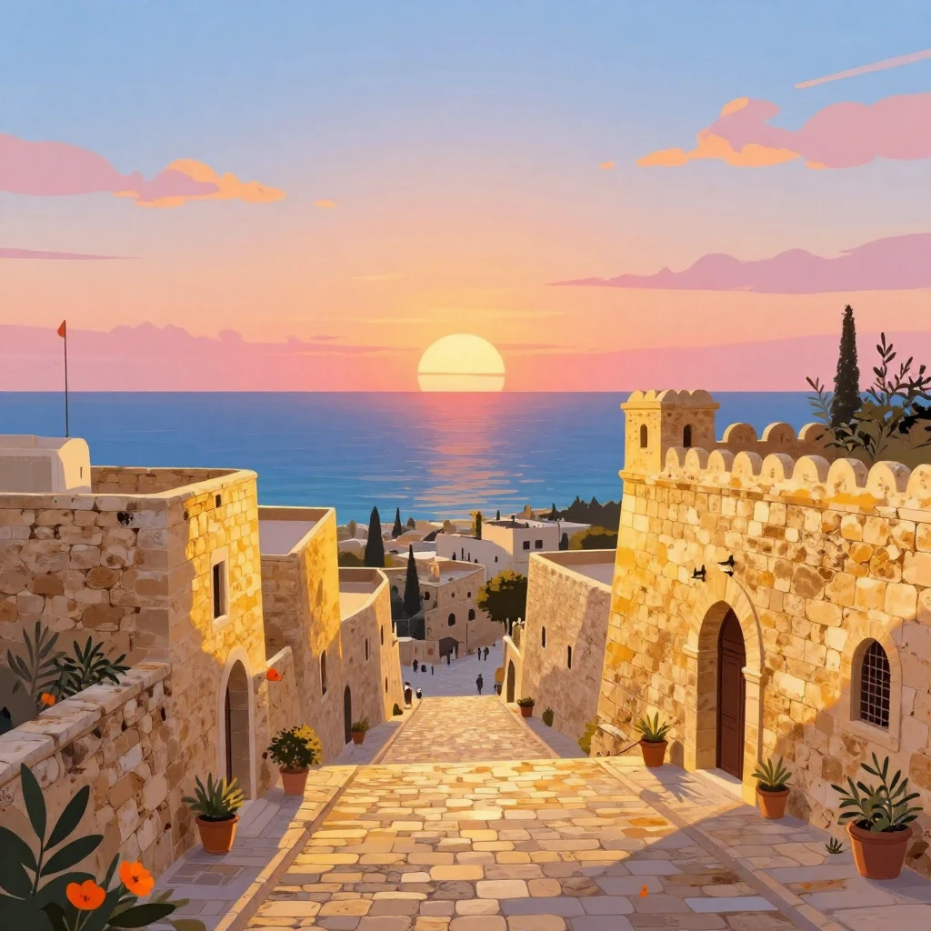 A whimsical illustration of the old city of Jaffa merging wi...