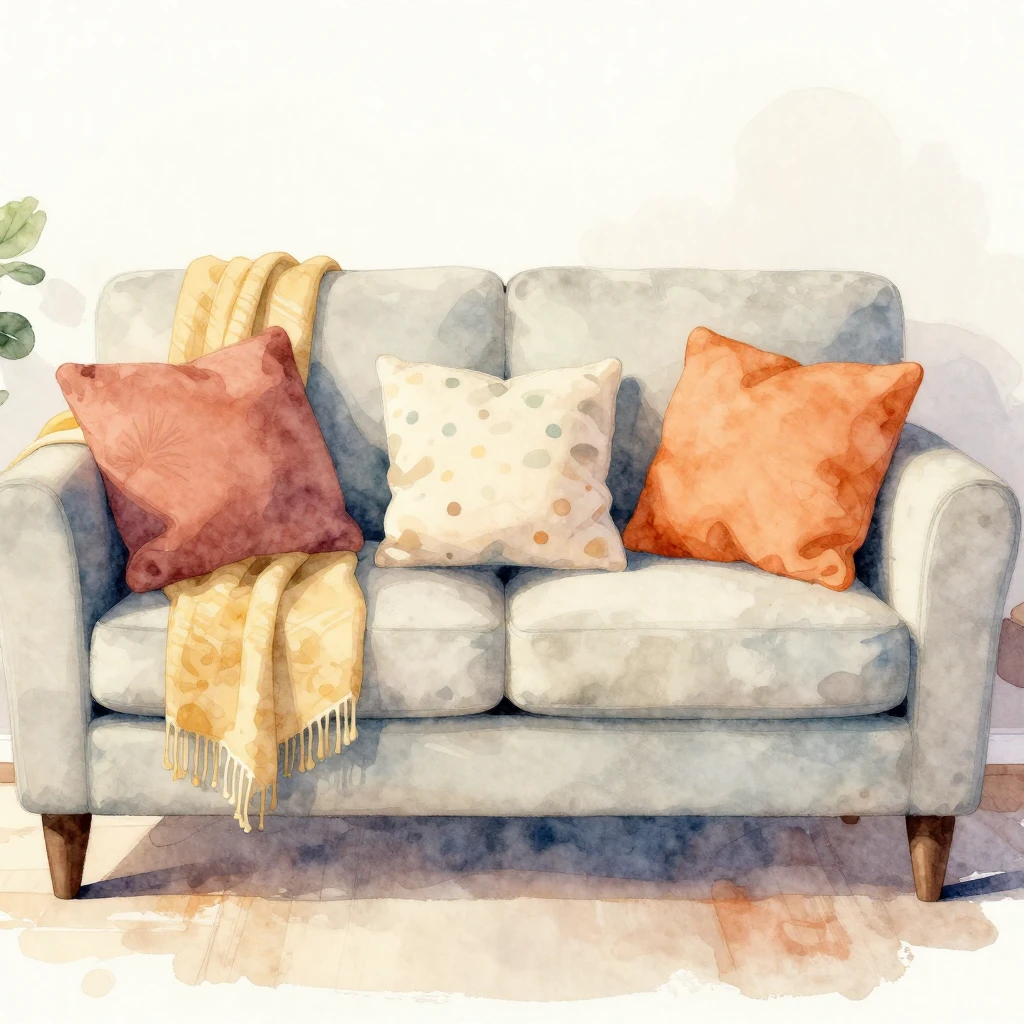 A watercolor illustration of home decor, specifically an inv...