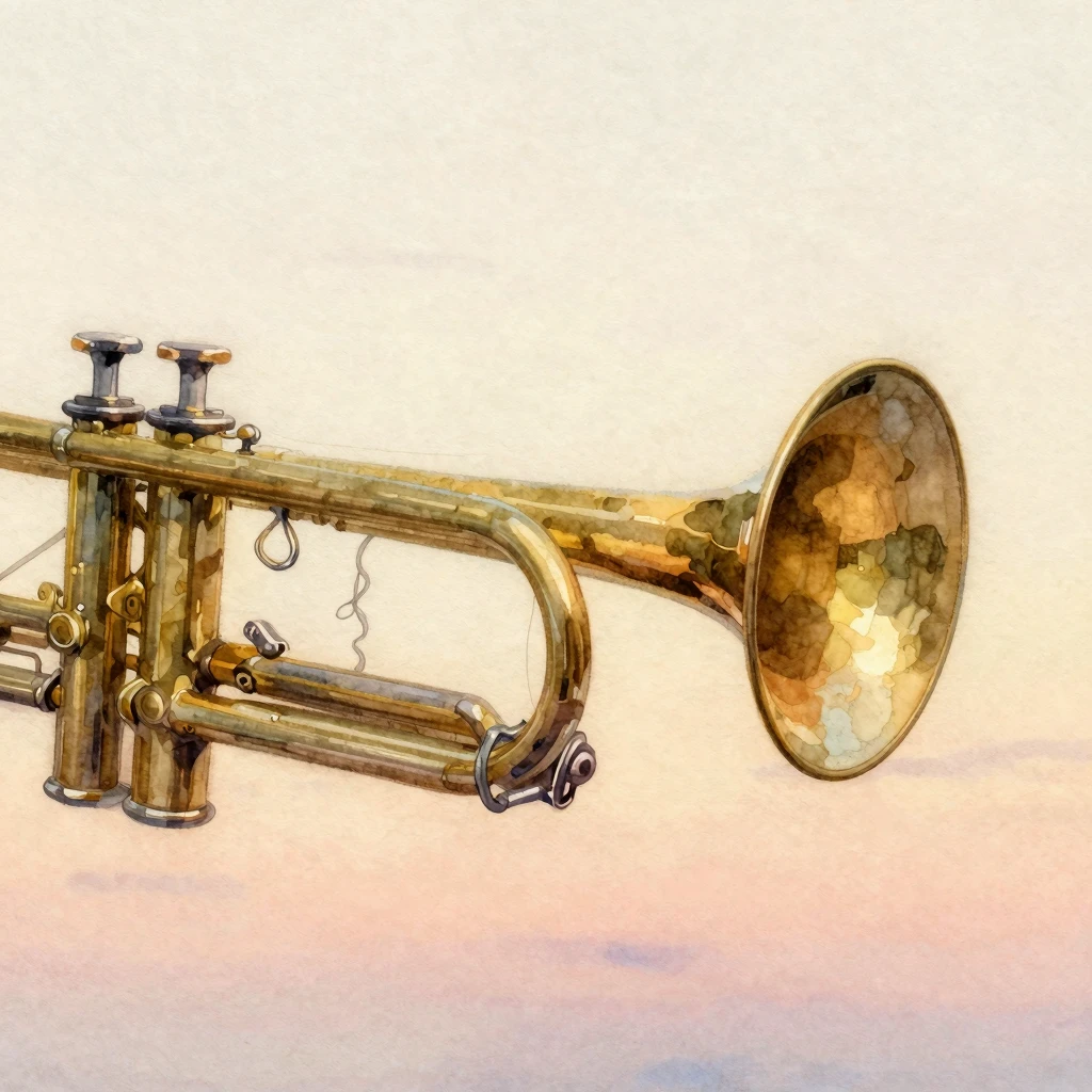 Watercolor painting of a close-up of a brass trumpet, with s...