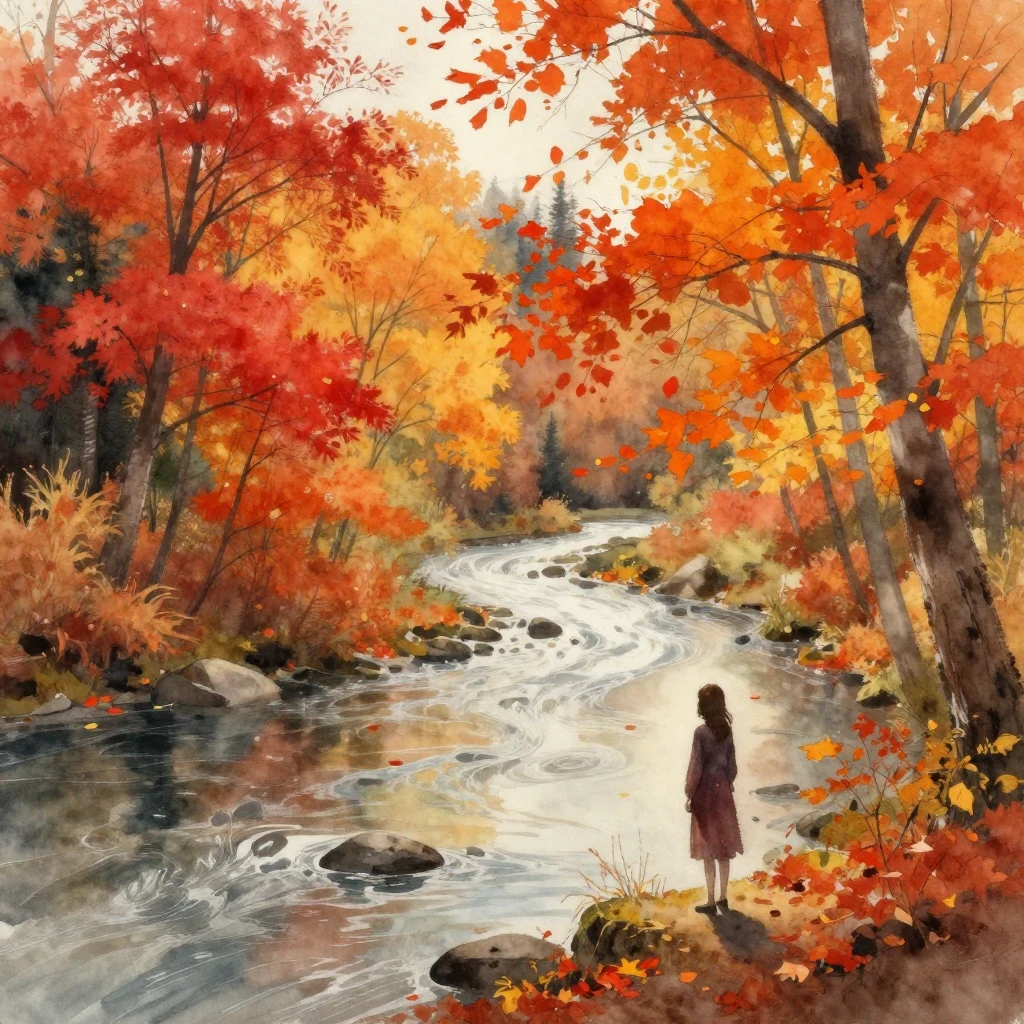 A vibrant watercolor painting of an autumn river landscape w...
