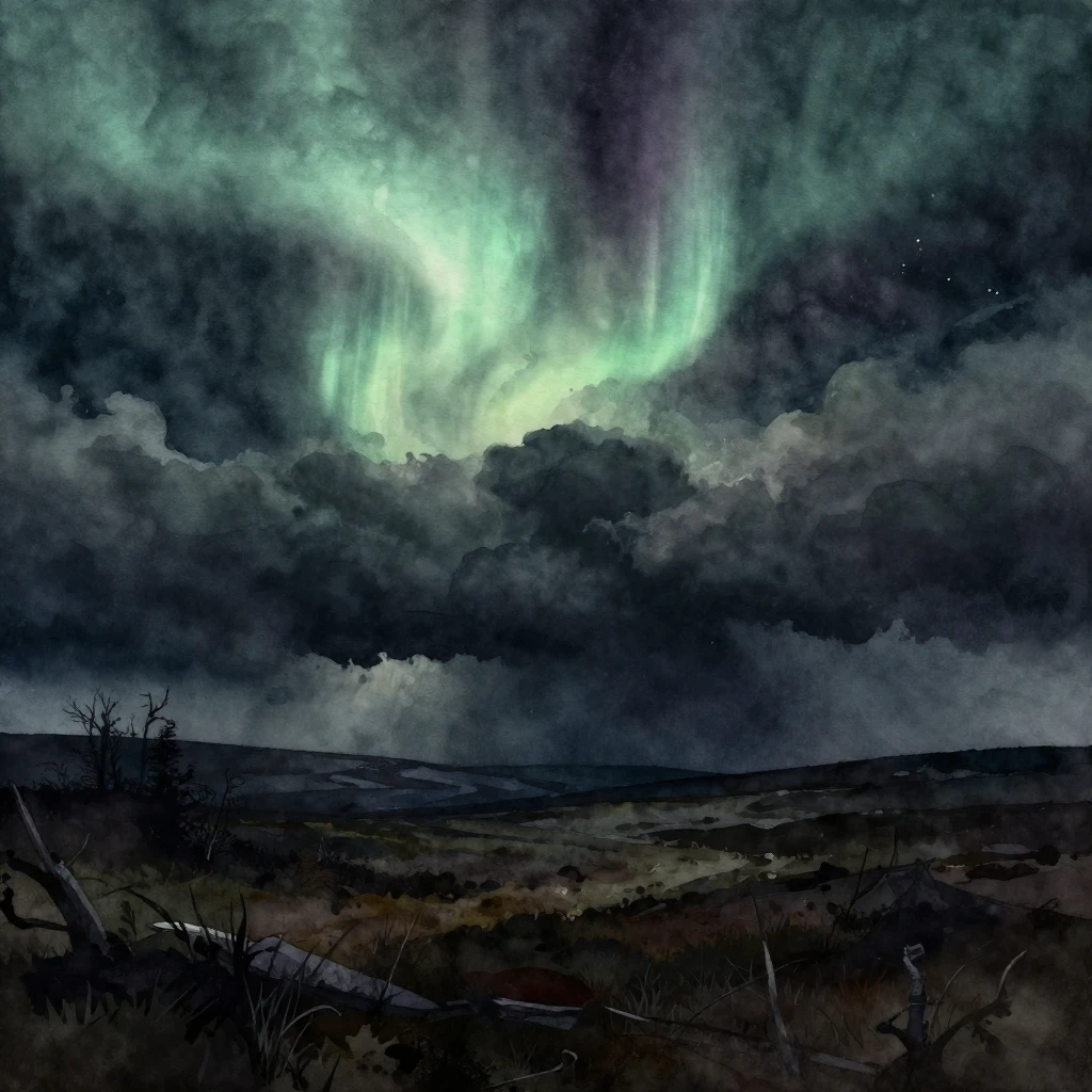 Watercolor style. Dark moody gothic landscape, stormy sky wi...