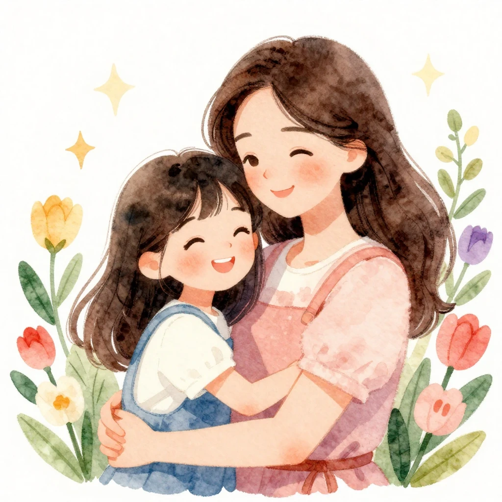 A beautiful watercolor illustration of a mother and daughter...