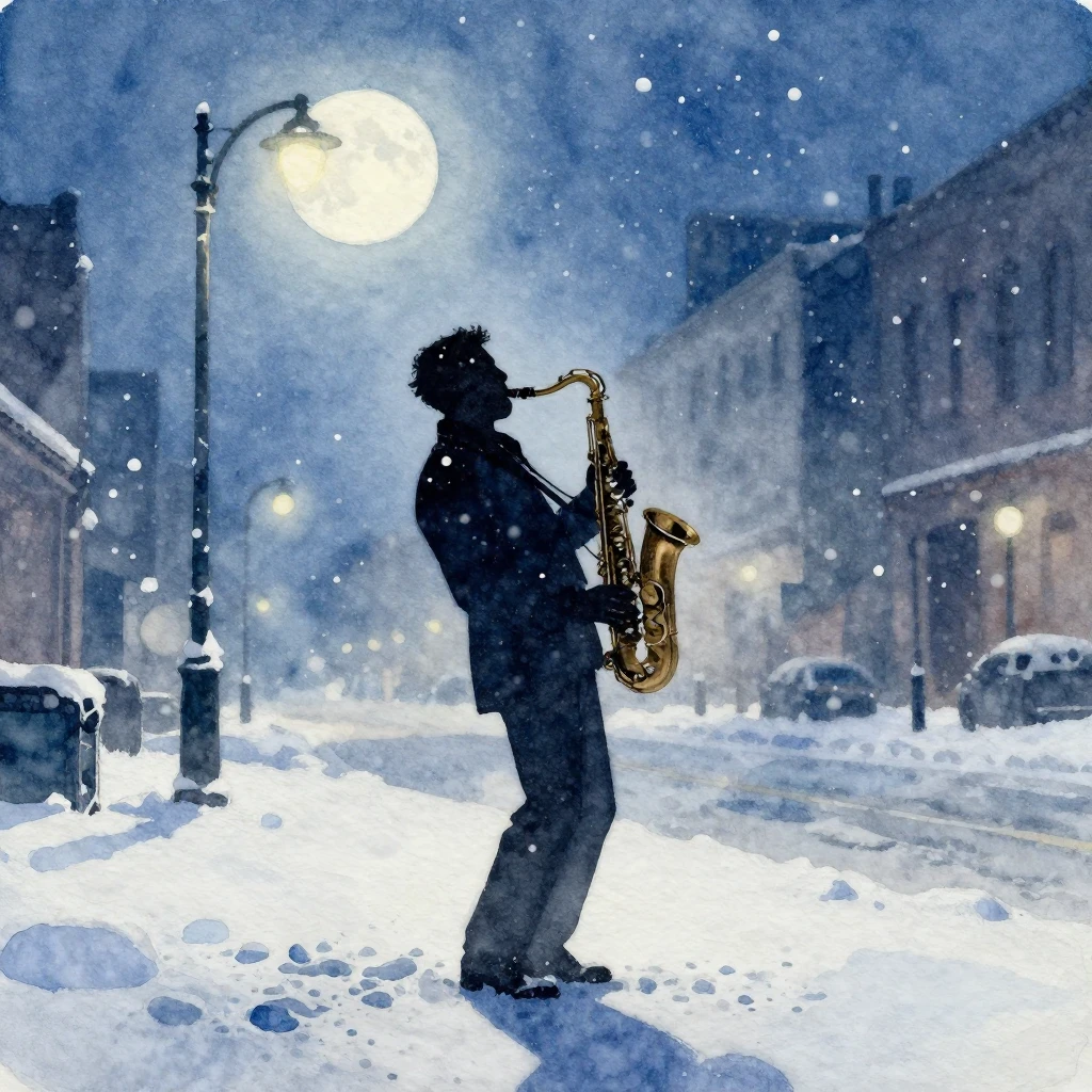 A watercolor painting depicting the silhouette of a lone sax...