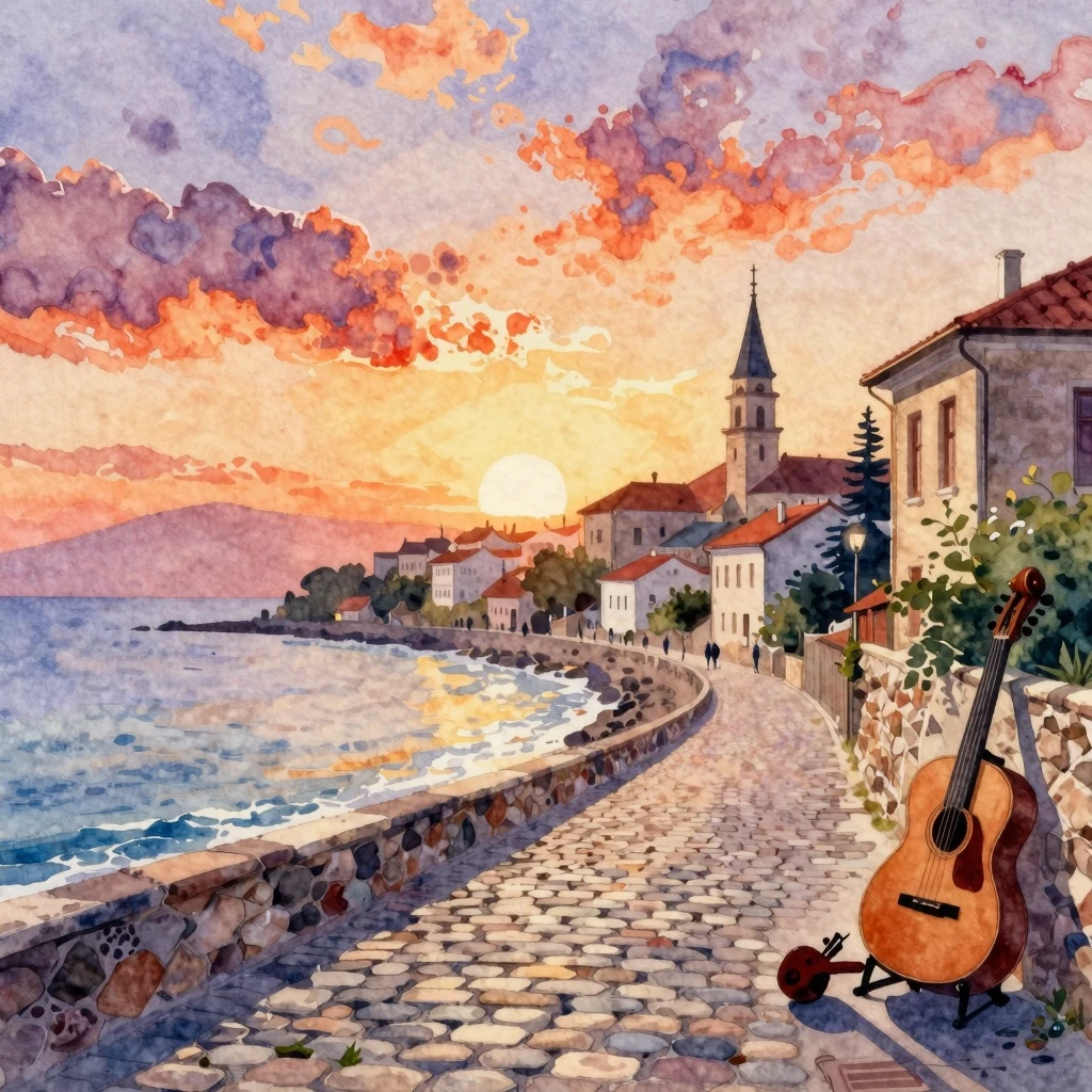 Vibrant watercolor painting of Gurzuf at sunrise, showing th...