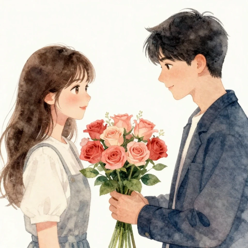 A young man presenting a bouquet of roses to a young woman, ...