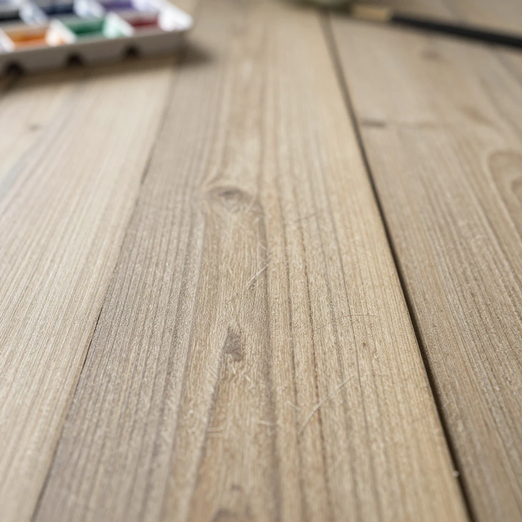 A watercolor painting of a rustic wooden table surface, with...