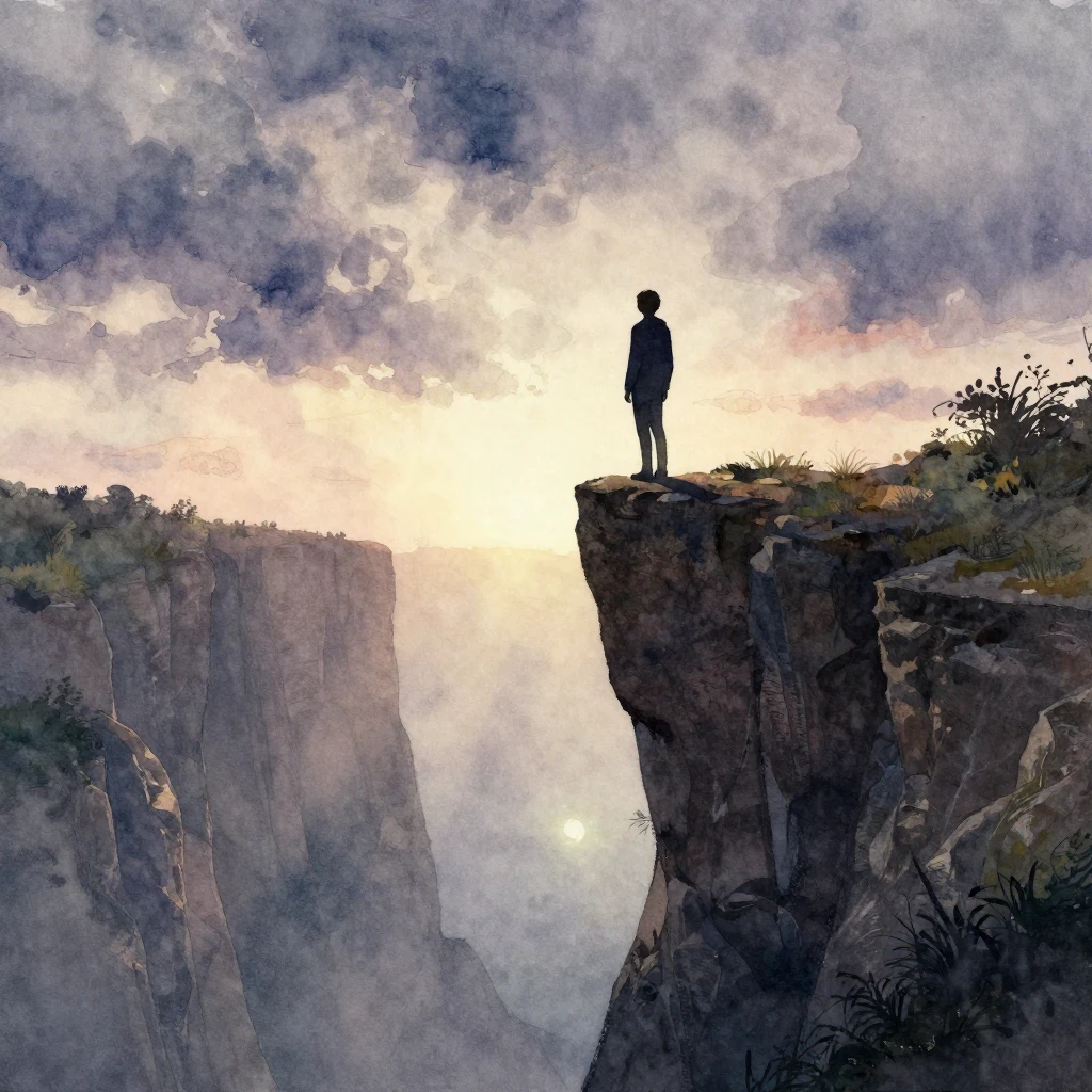 A person's silhouette on a cliff edge, looking into an abyss...