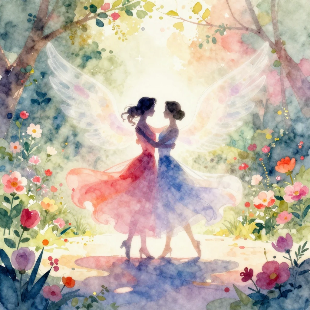 Vibrant watercolor illustration. Dreamy waltz: flowing silho...