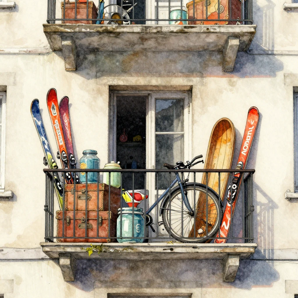 A watercolor illustration of a cluttered balcony of an old a...