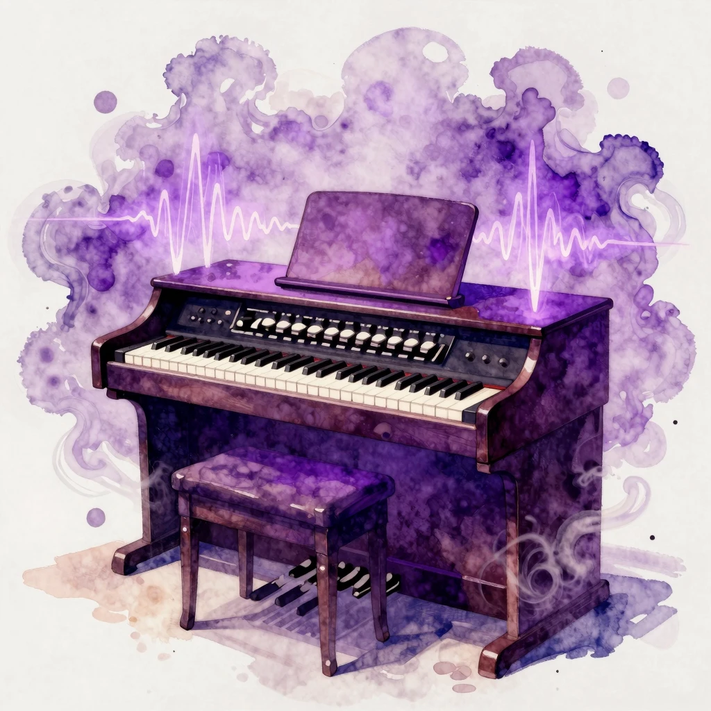 A majestic Hammond B3 organ, glowing with vibrant purple lig...