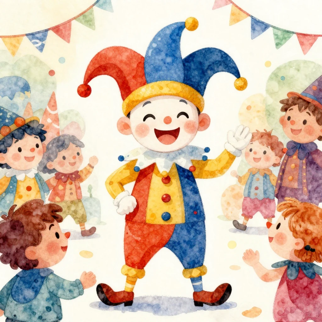 A vibrant watercolor illustration of a cheerful jester, full...
