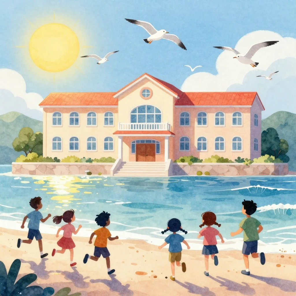 Vibrant watercolor illustration of a school building by the ...