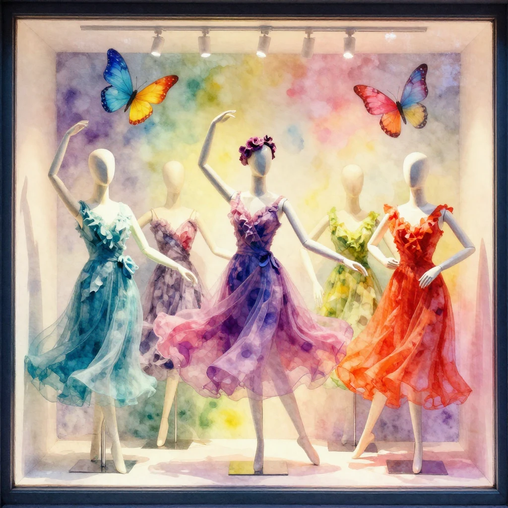 Vibrant watercolor painting of several mannequins dancing fr...