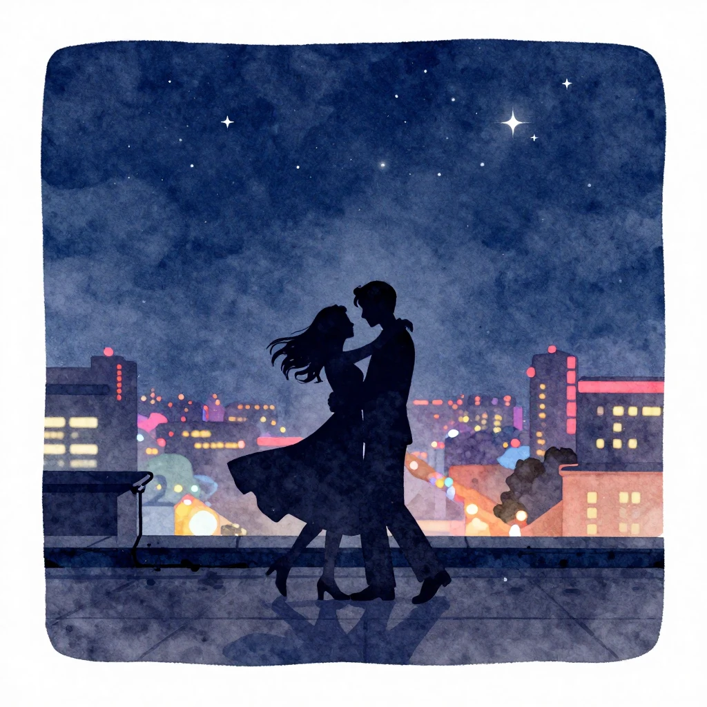 A watercolor painting depicting a romantic scene on a city r...