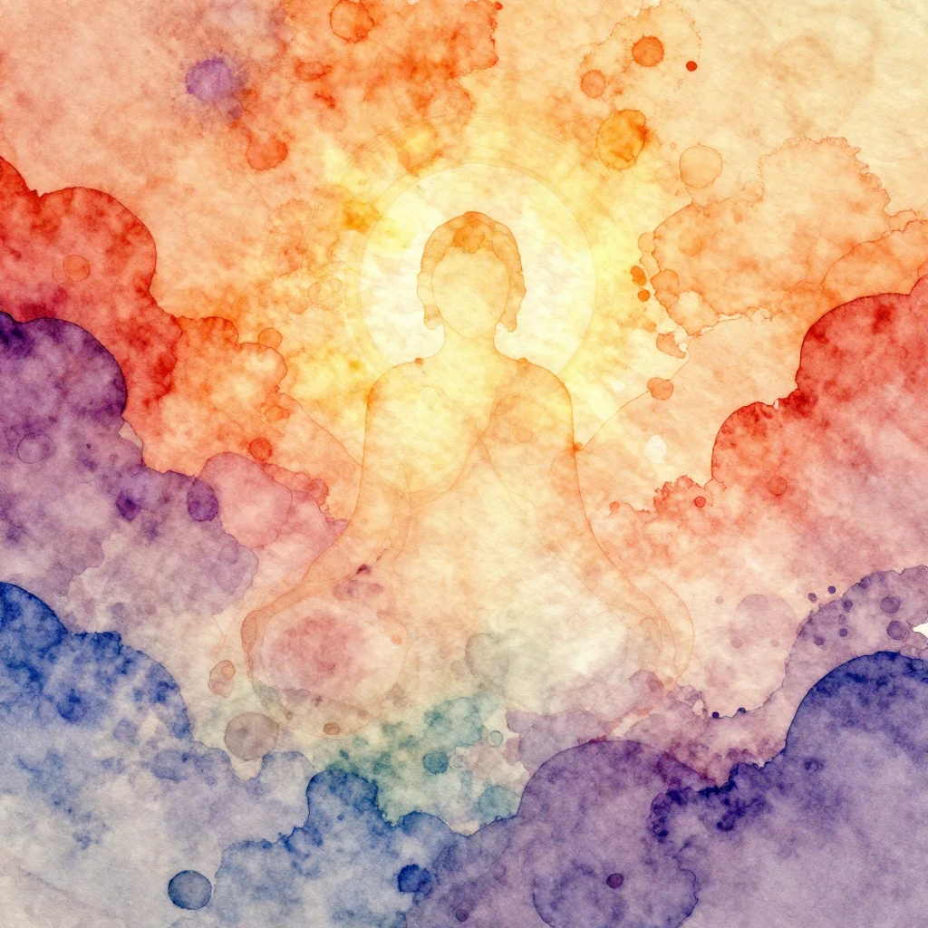 A vibrant watercolor painting depicting a spiritual landscap...