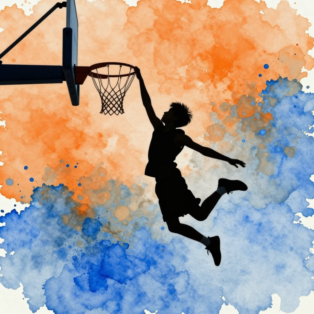 Watercolor style dynamic silhouette of a young boy jumping t...