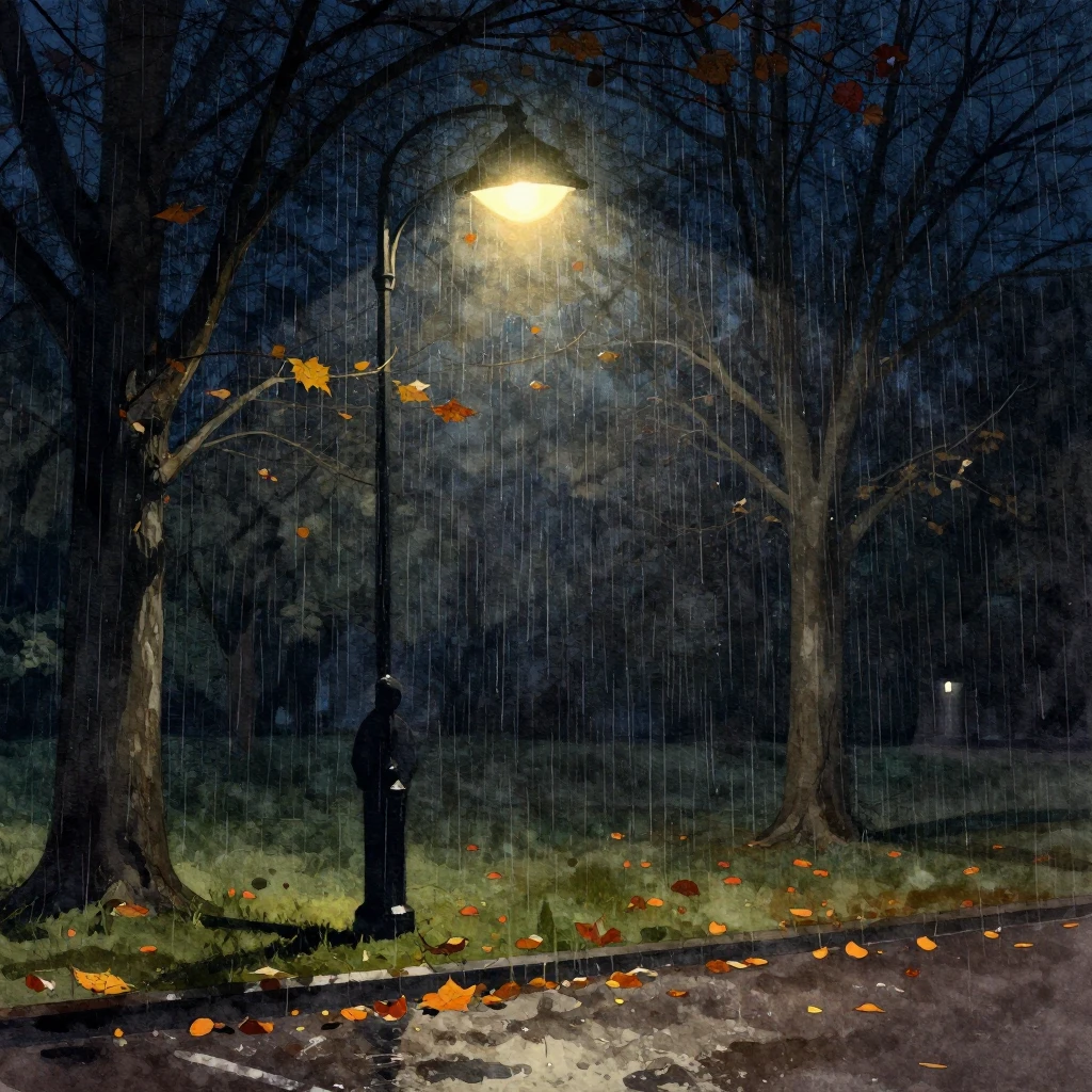 A dark, melancholic park scene at night, with a lone silhoue...