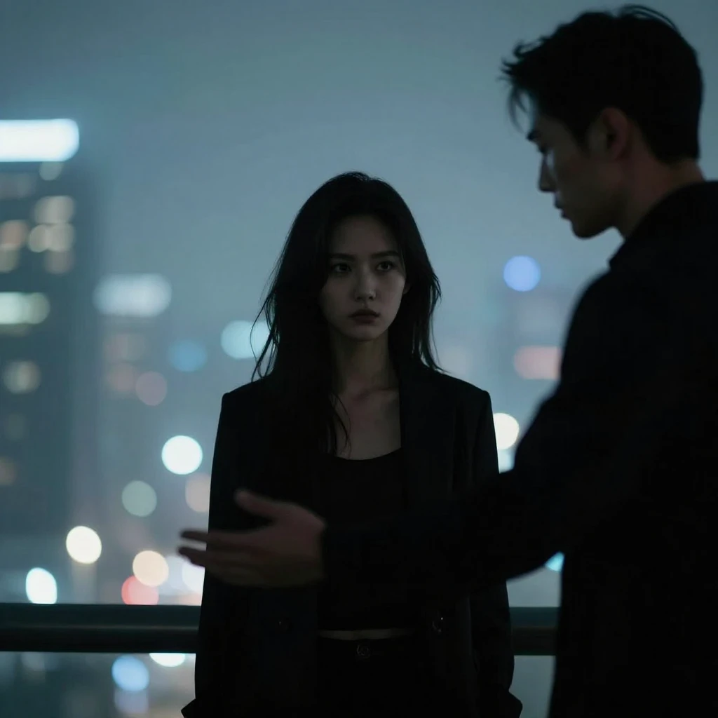 A mysterious female silhouette, sharp and unimpressed, stand...