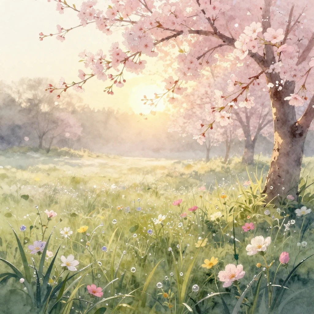 A serene watercolor painting depicting a meadow at the softe...