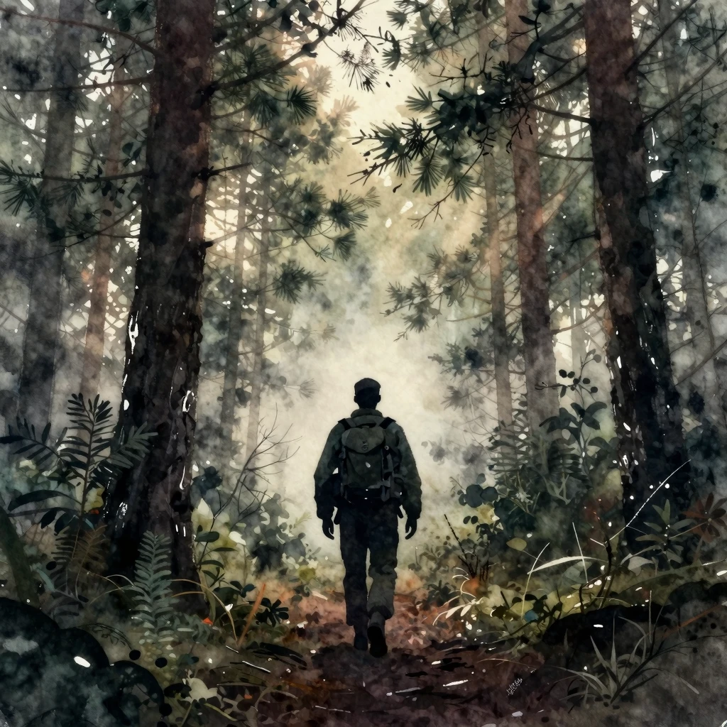 Watercolor style. A dark silhouette of a forest ranger with ...