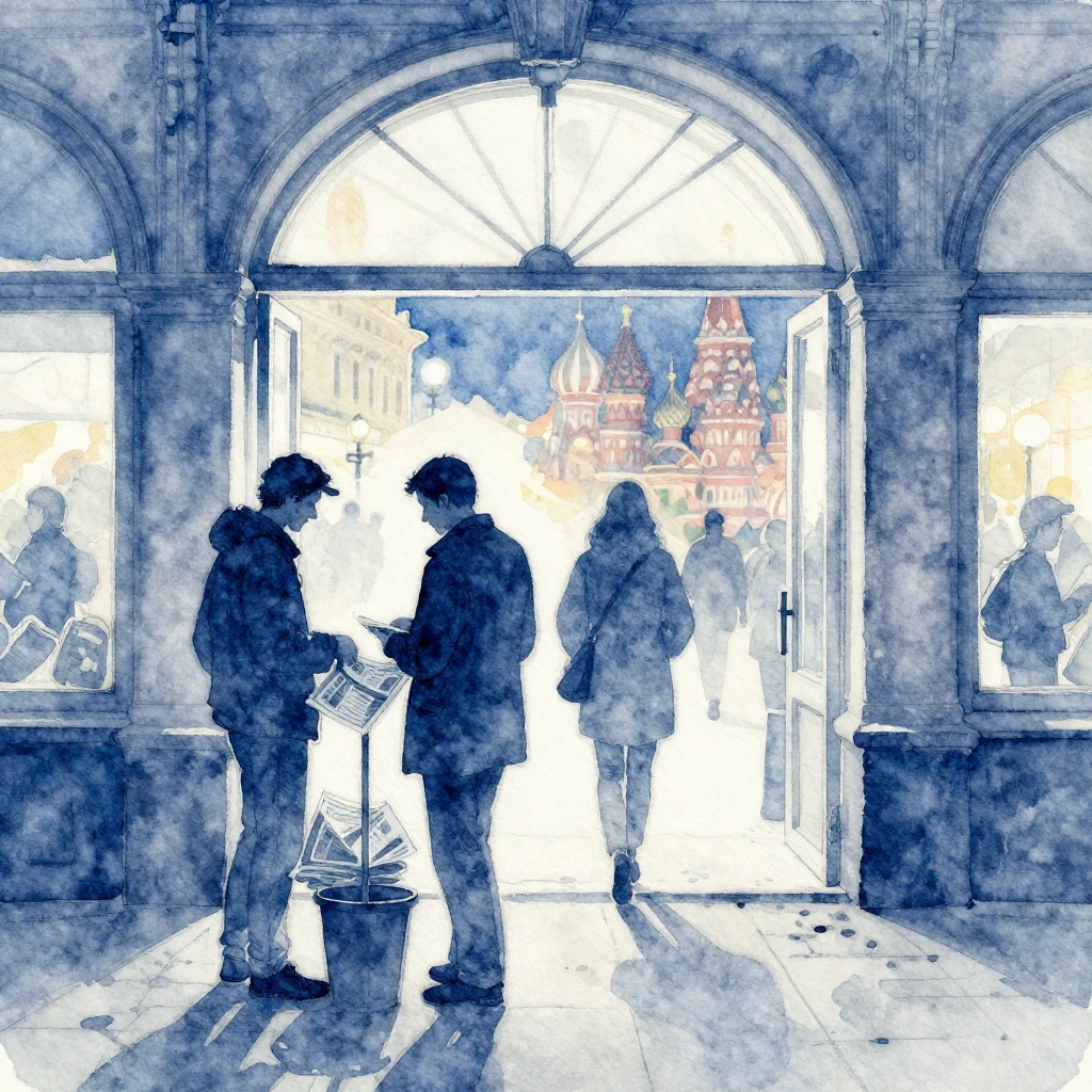 Watercolor painting of a city scene, with silhouetted figure...