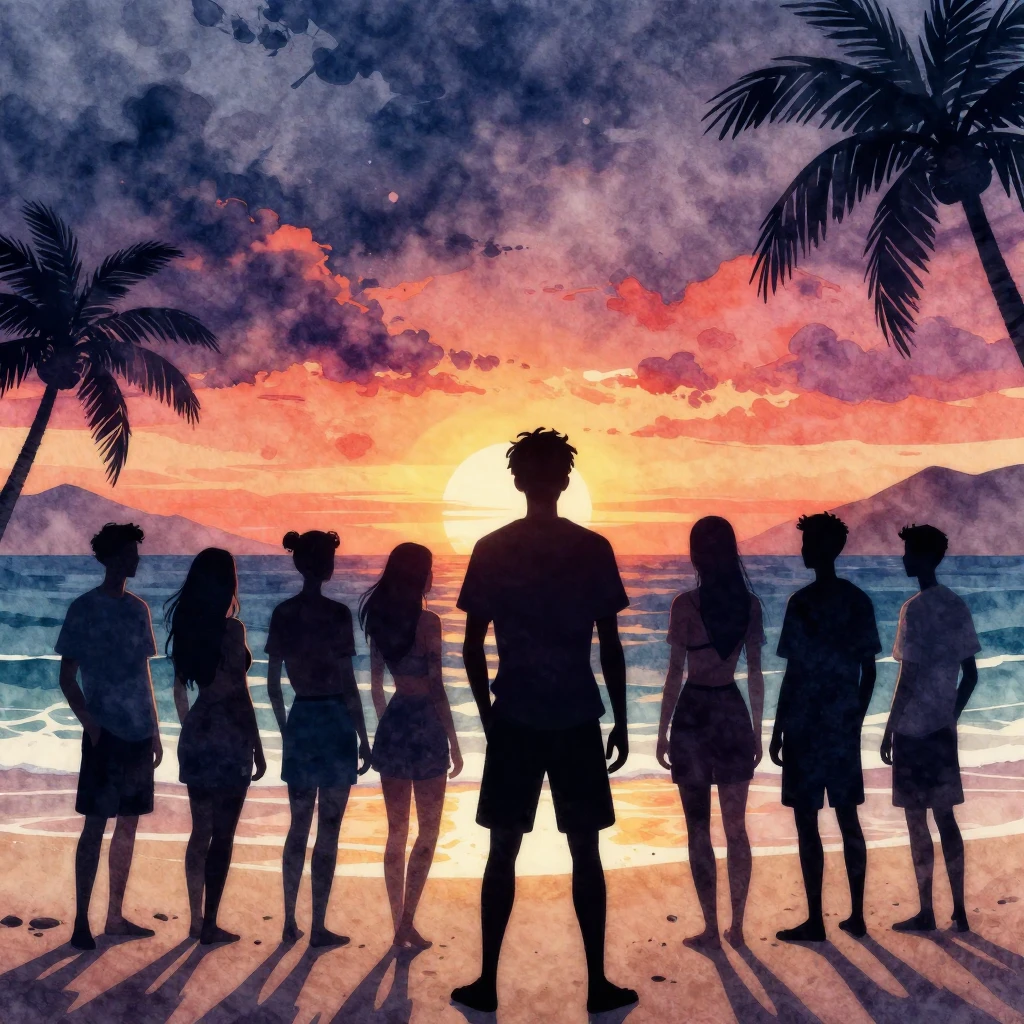 Vibrant watercolor style. Dark, stylized silhouette of a gro...