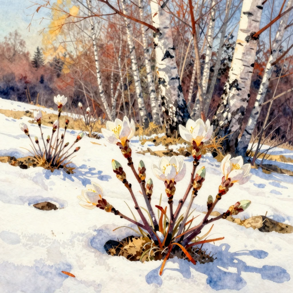 Vibrant watercolor painting focusing on delicate first flowe...