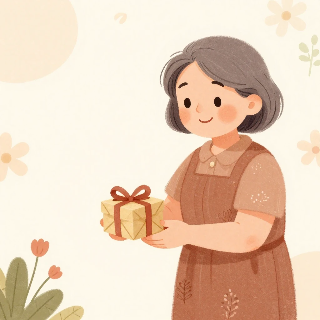 A whimsical illustration of a smiling mother-in-law receivin...